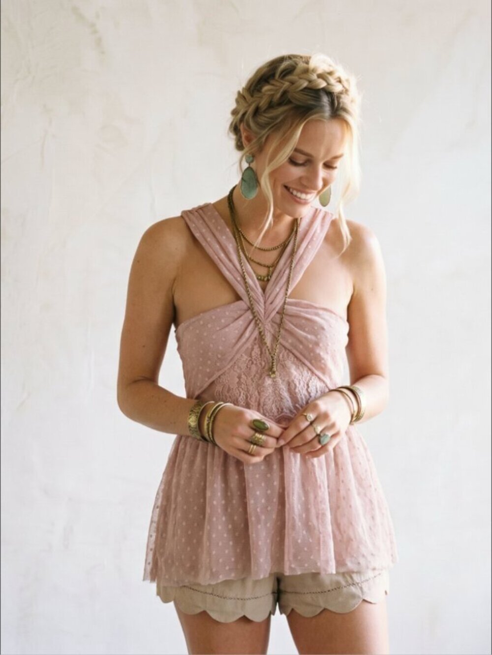 Free People Blush Pink Swiss Dot Lace Crossover Halter Peplum Tank Top L